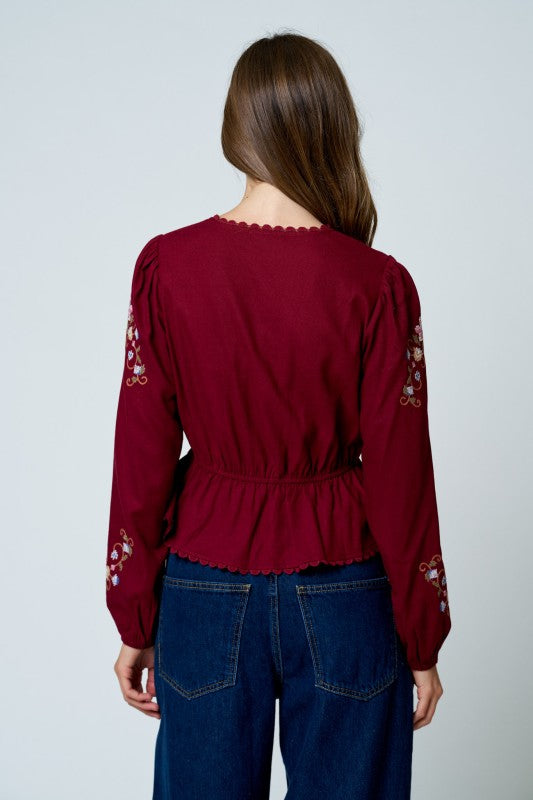 Blusa Boho Bordado Floral Vino