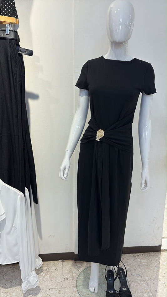 Vestido Midi Negro Drapeado