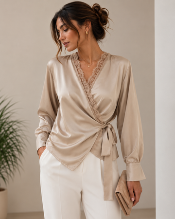 Blusa Satinada Encaje Champagne