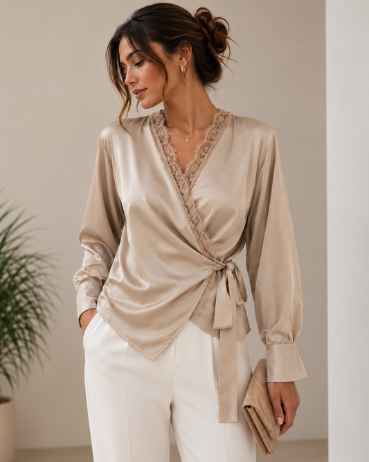 Blusa Satinada Encaje Champagne
