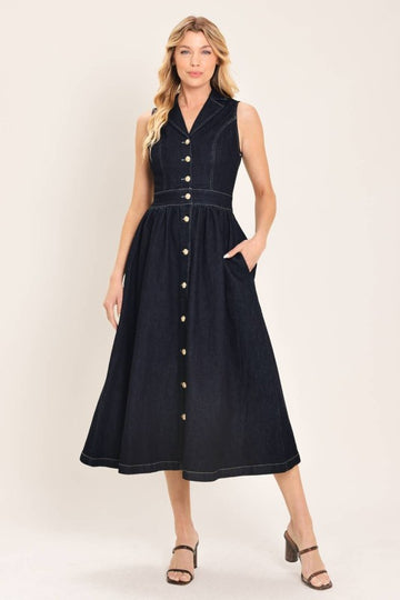 Vestido Midi Denim con Botones Dorados