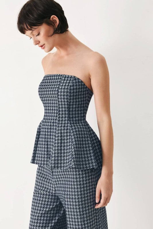 Conjunto Emilia Pata de Gallo | Top Peplum Strapless + Pantalón Palazzoo