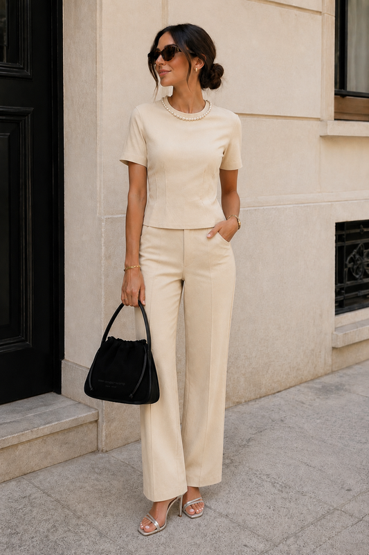 Conjunto beige elegante blusa y pantalón