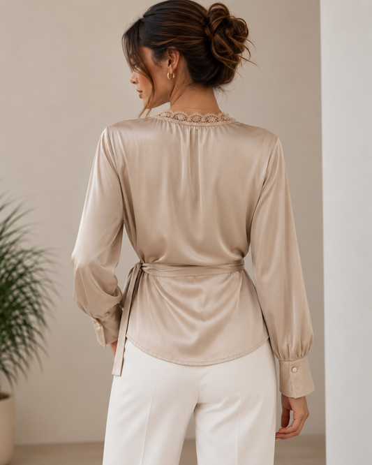 Blusa Satinada Encaje Champagne