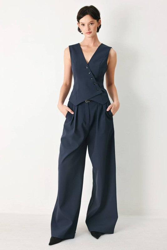 Pantalón Palazzo Sastre de Pierna Ancha con Cinturón – Azul Marino
