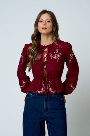 Blusa Boho Bordado Floral Vino