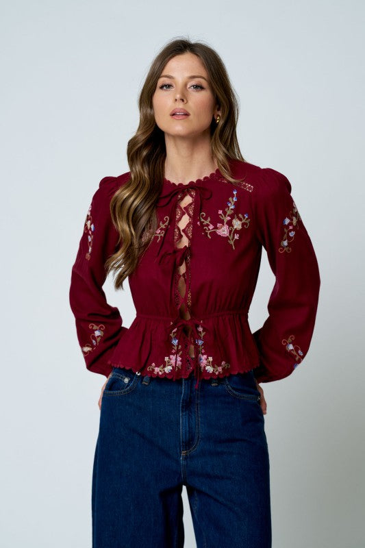 Blusa Boho Bordado Floral Vino