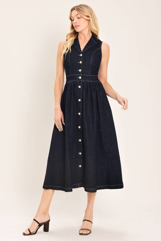 Vestido Midi Denim con Botones Dorados