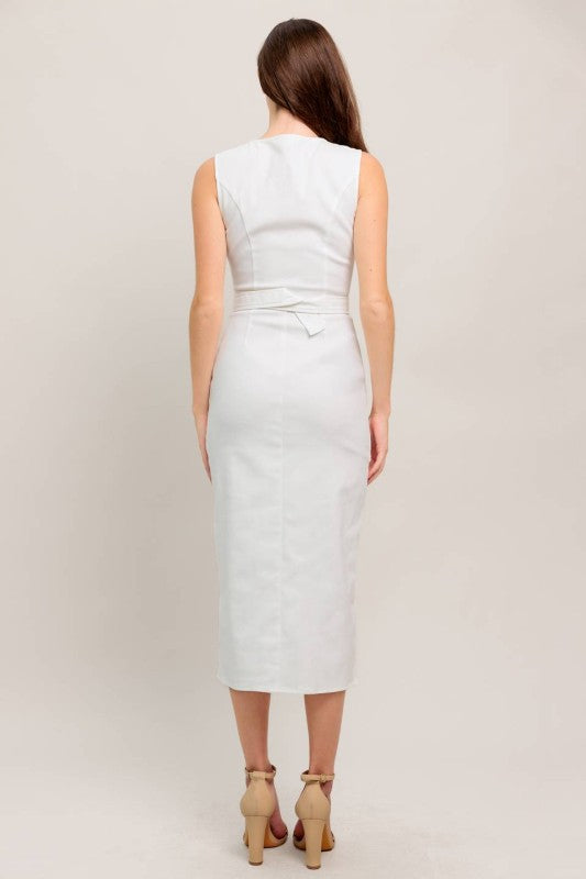 Vestido Midi Sastre con Cinturón y Botones Perla