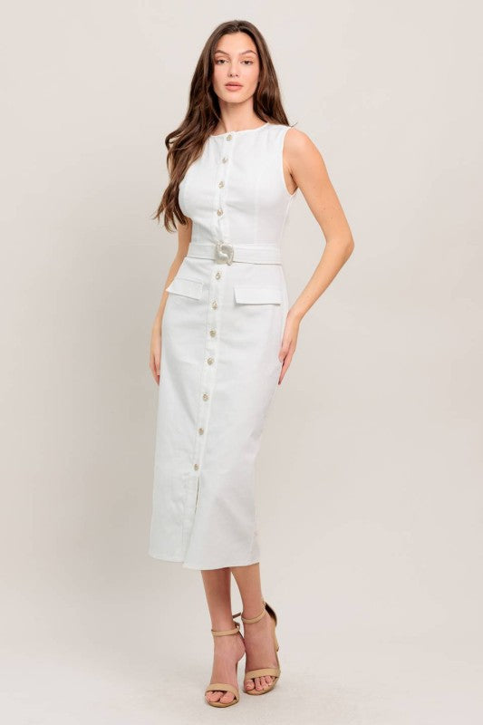 Vestido Midi Sastre con Cinturón y Botones Perla