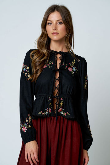 Blusa Boho Bordado Floral Negra