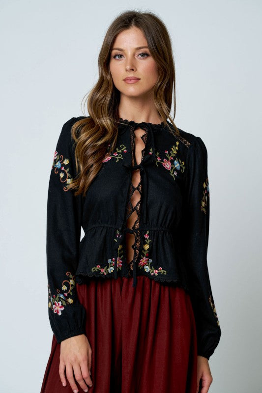Blusa Boho Bordado Floral Negra