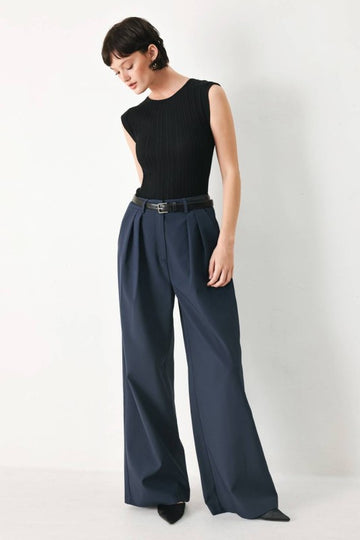 Pantalón Palazzo Sastre de Pierna Ancha con Cinturón – Azul Marino