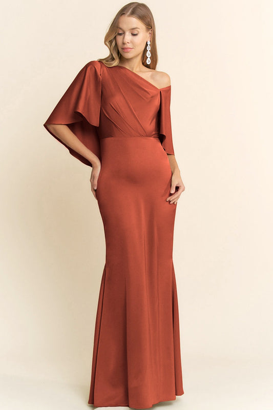 Vestido Largo Asimétrico de Satén - Terracota Elegante